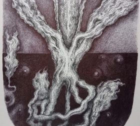 "Kosmovore", ink on paper, 23.9cm x 26.3cm, 2024 "Kosmovore", a dark mystical drawing by Marjeet Gharti from Kathmandu