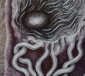 "Qlippoth Horizon", ink on paper, 11.7cm x 26.3cm, 2024 "Qlippoth Horizon", a 'Typhonian tradition' drawing by Marjeet Gharti, inspired by the works of Kenneth Grant and H. P. Lovecraft