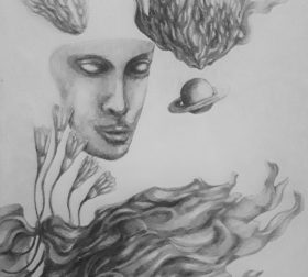 "Saturn Ascends", graphite on paper, 2023 'Saturn Ascends', a drawing by Marjeet Gharti, inspired by esotericism surrounding the planet Saturn