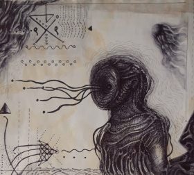 "Symmetry Breaking", ink on paper, 2022 'Symmetry Breaking', a dark sci-fi drawing by Marjeet Gharti,For sale at affordable price in Nepal