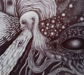 "Void Crawler", ink on paper, 24.1cm x 26.3cm, 2024 "Void Crawler", a drawing in the Typhonian tradition by Marjeet Gharti. For sale in Nepal