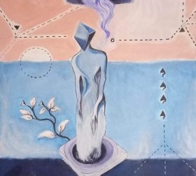 "Bornless" acrylics and ink on paper, 25.6cm x 31.2cm, 2023 'Bornless' an esoteric painting by Marjeet Gharti, modern art for sale in Nepal