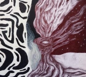 'Eidolon Rift' acrylics and ink on paper, 2025 'Eidolon Rift' is a drawing by Marjeet Gharti -a spectral presence emerging through a dimensional tear.